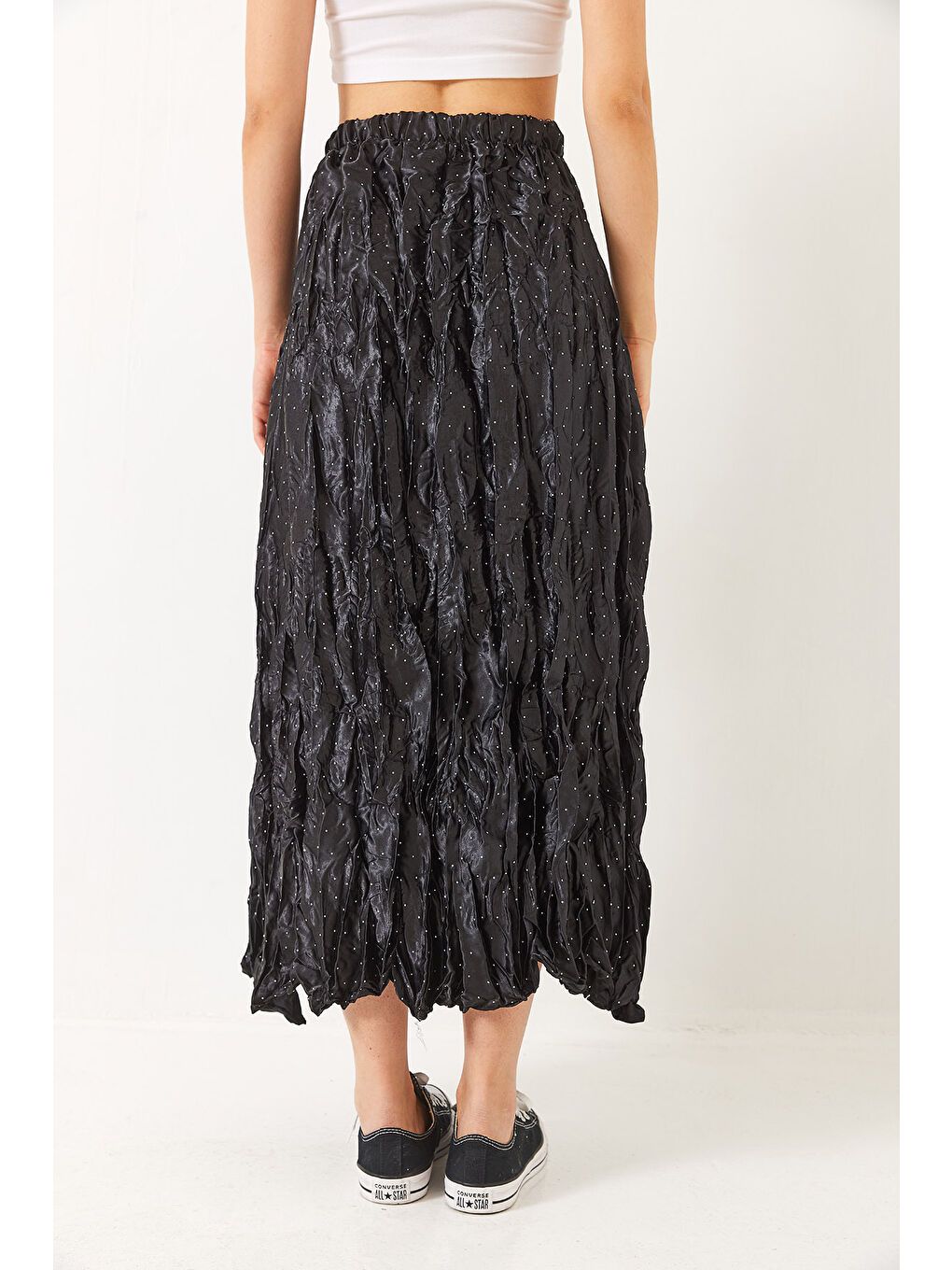 Siyah Kadın Beli Lastikli Taşlı Kraş Saten Etek-6