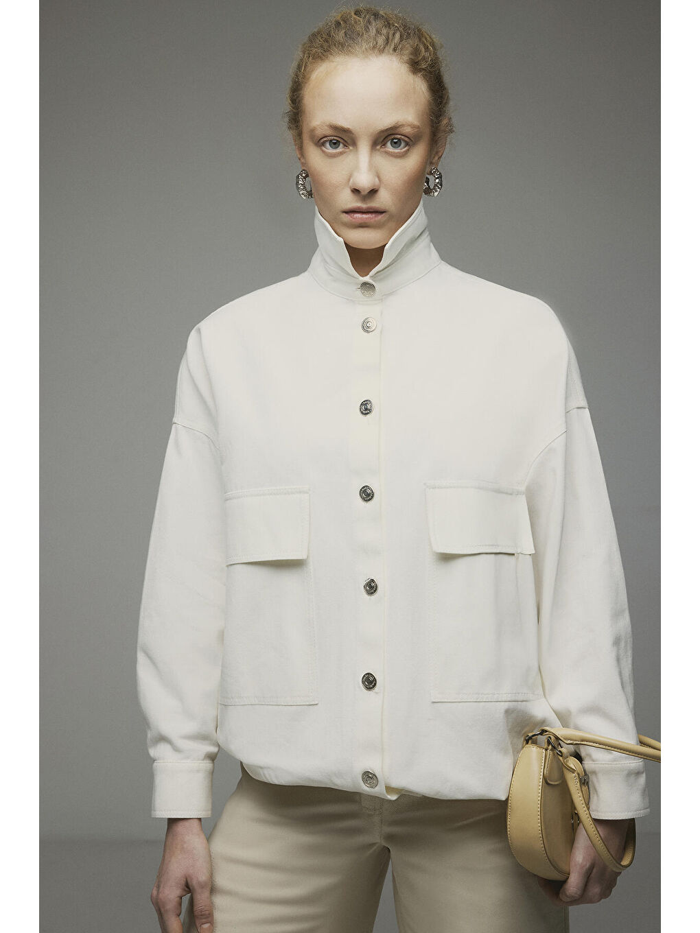 Ekru Oversıze Gabardin Ceket-1