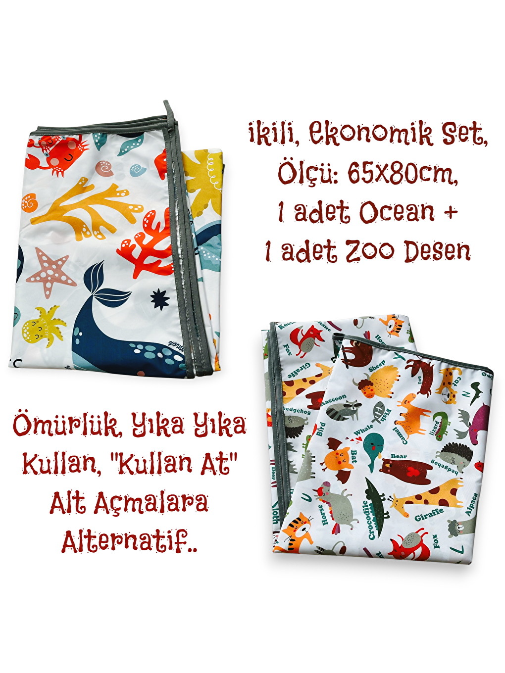Ekonomik Set, 1 adet Sea + 1 adet Zoo, 65x80cm, Sıvı Geçirmez, Alt Açma Örtüsü, Bebek Bakım Örtüsü