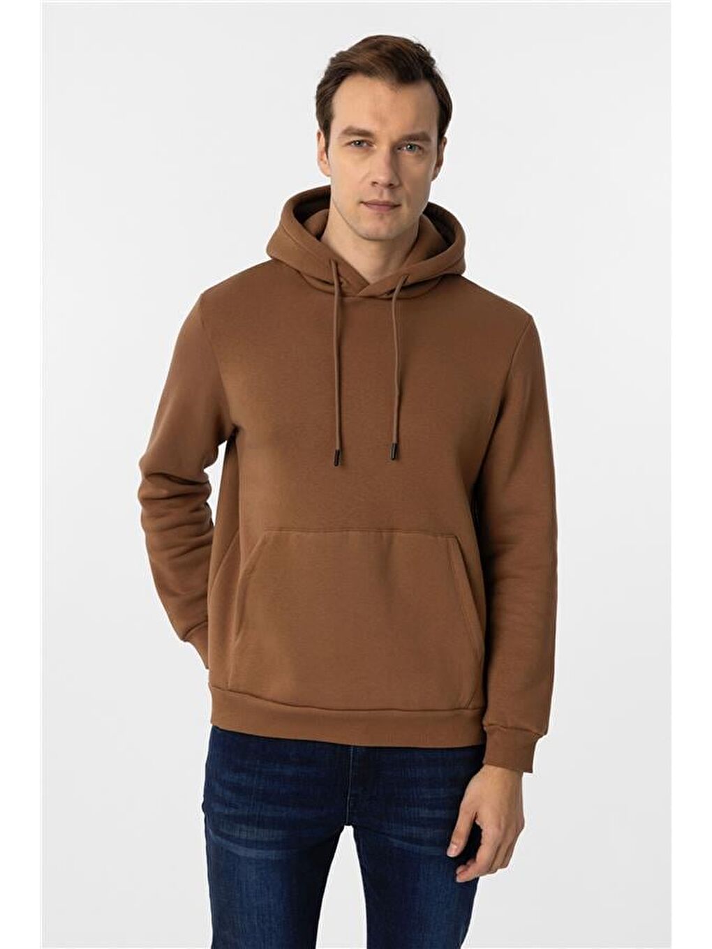 Kahverengi Kiremit Regular Düz Kapüşonlu Yaka Triko-1