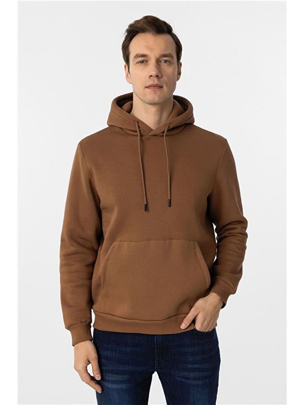 Kahverengi Kiremit Regular Düz Kapüşonlu Yaka Triko-2