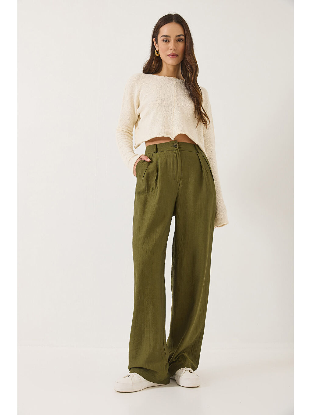 Haki Kadın Cep Detaylı Palazzo Kumaş Pantolon-1