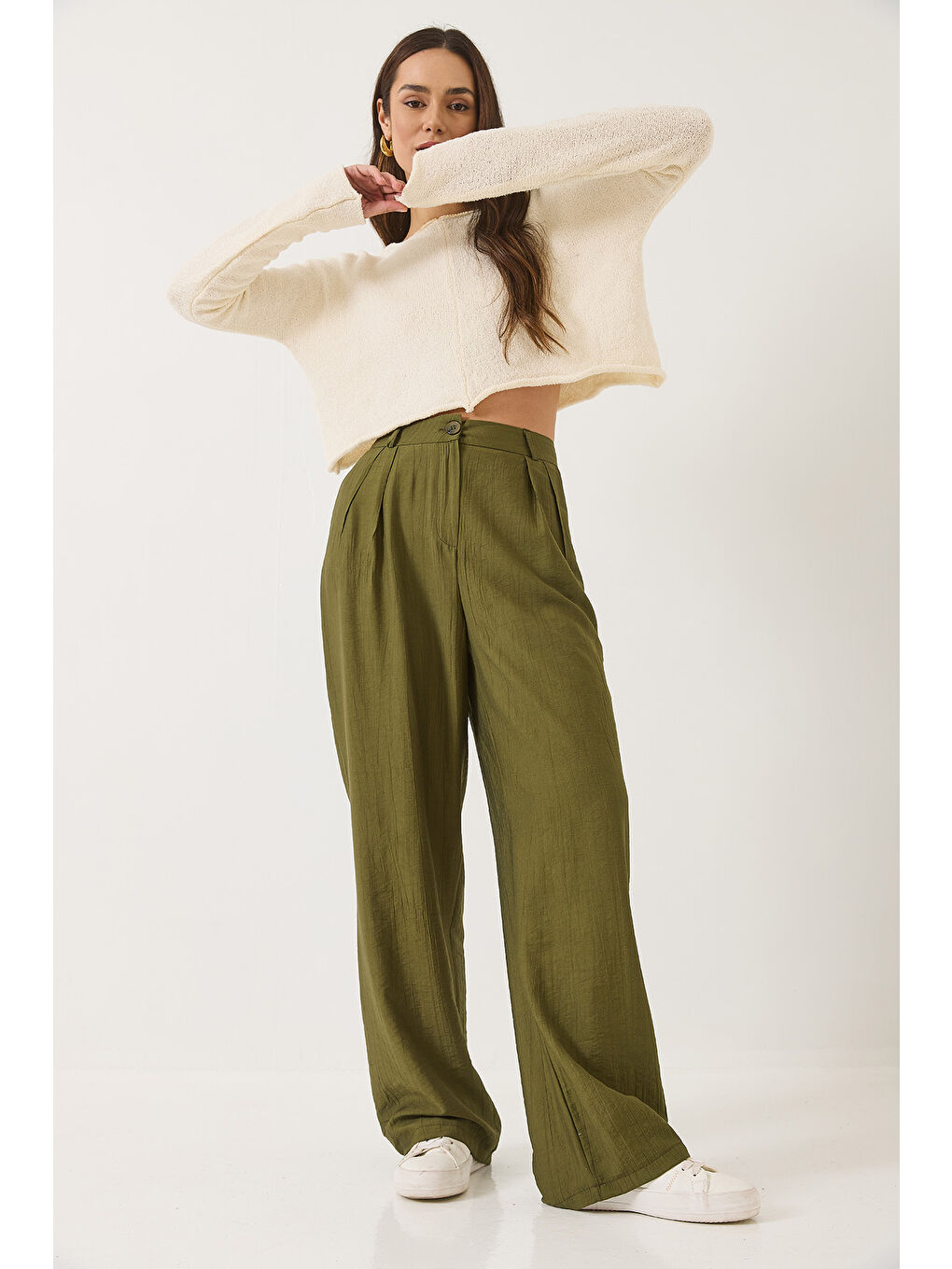 Haki Kadın Cep Detaylı Palazzo Kumaş Pantolon-2