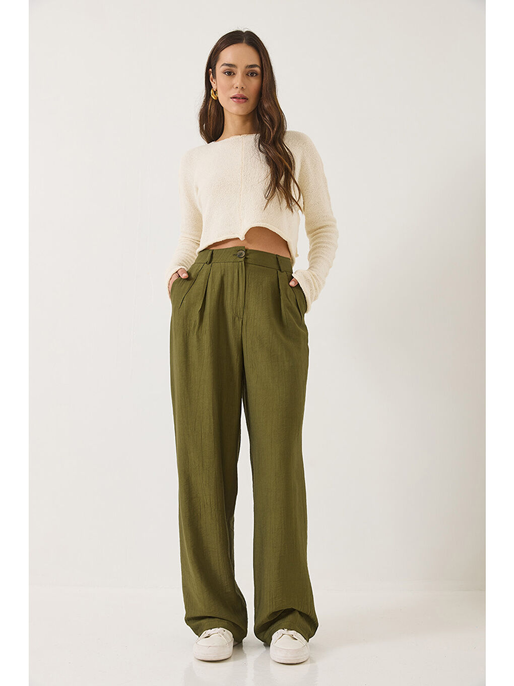 Haki Kadın Cep Detaylı Palazzo Kumaş Pantolon-3