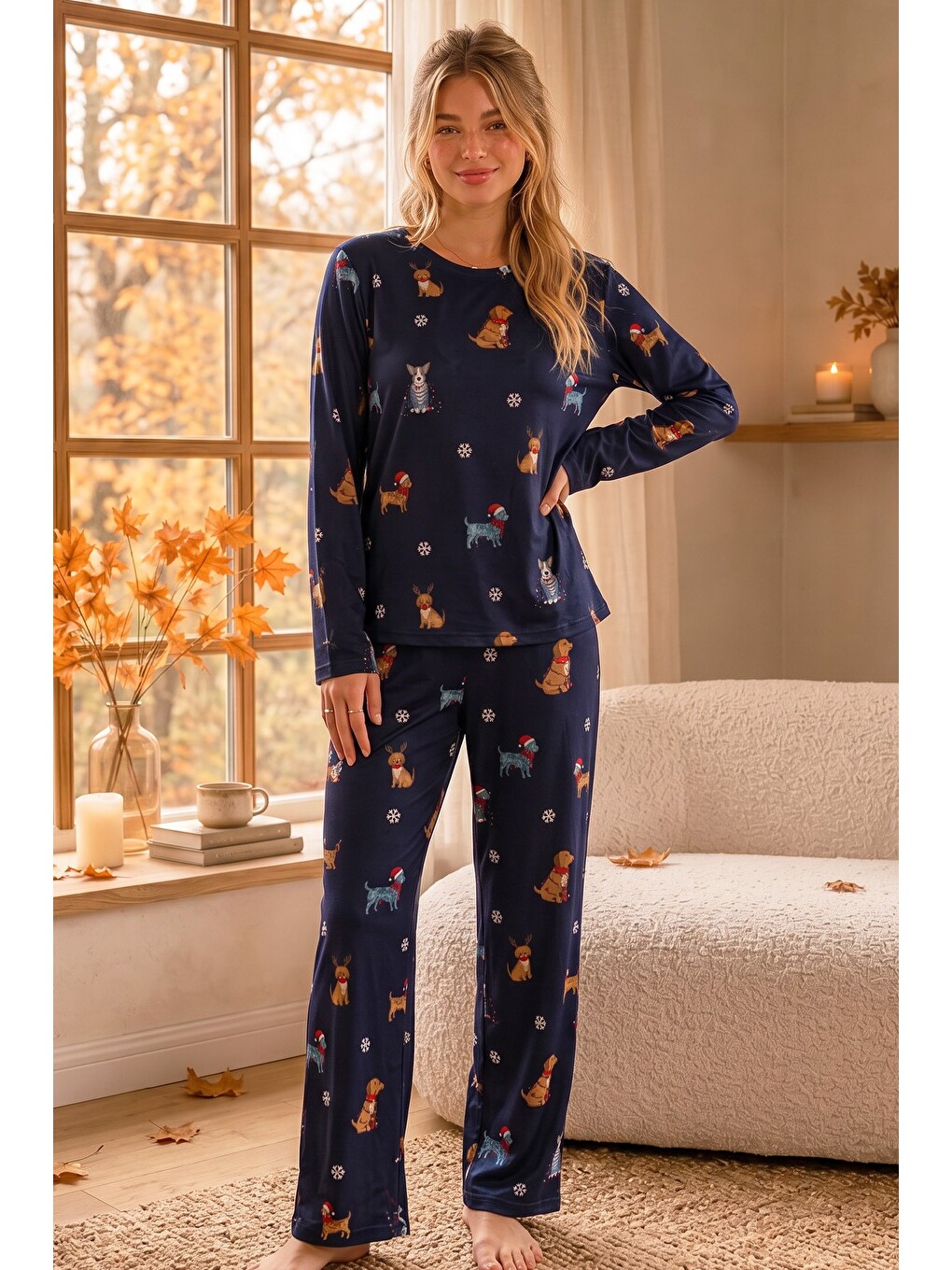 Lacivert Desenli Termal Kumaşlı Ultra Soft Yumuşak Örme Pijama Takımı-1