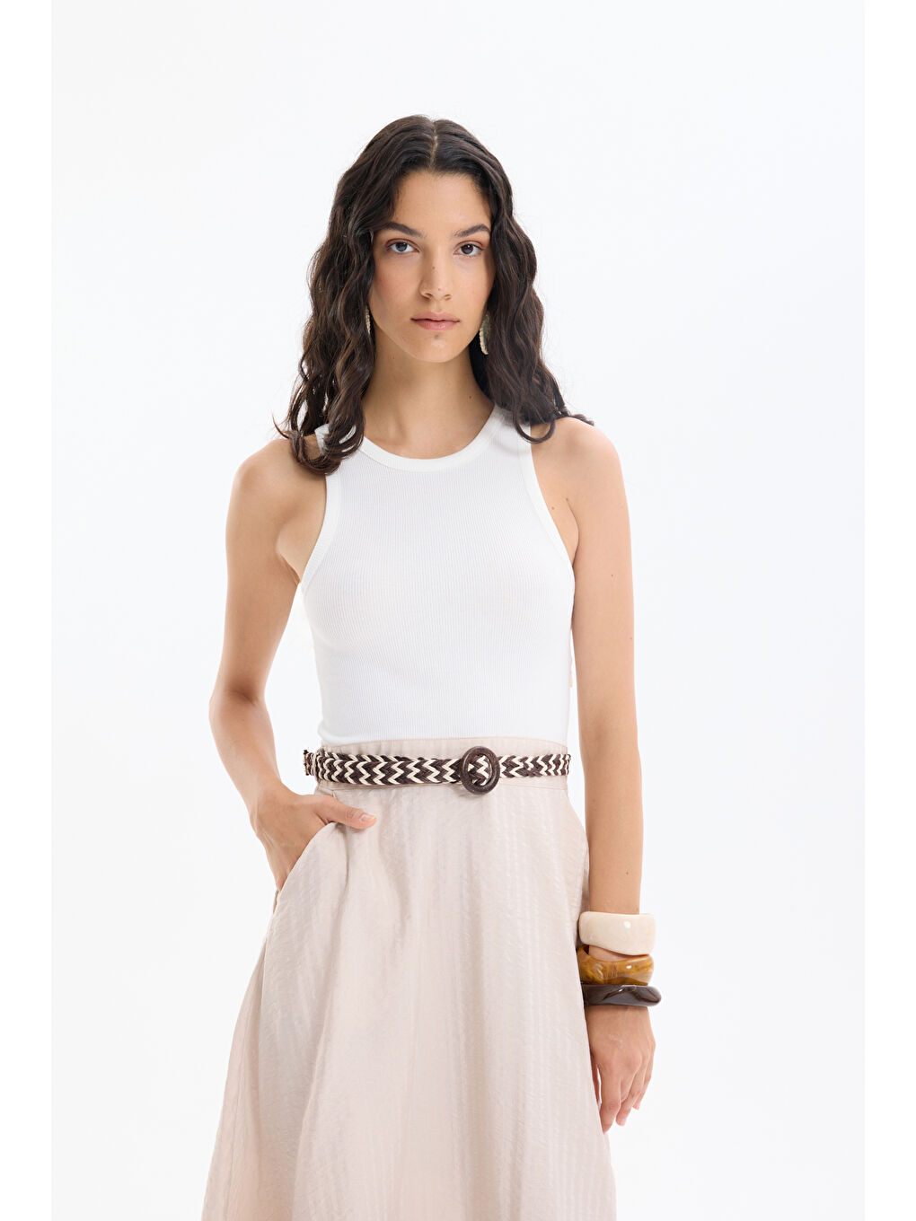 Halter Yaka Atlet Matchli Kemerli Elbise Bej-2