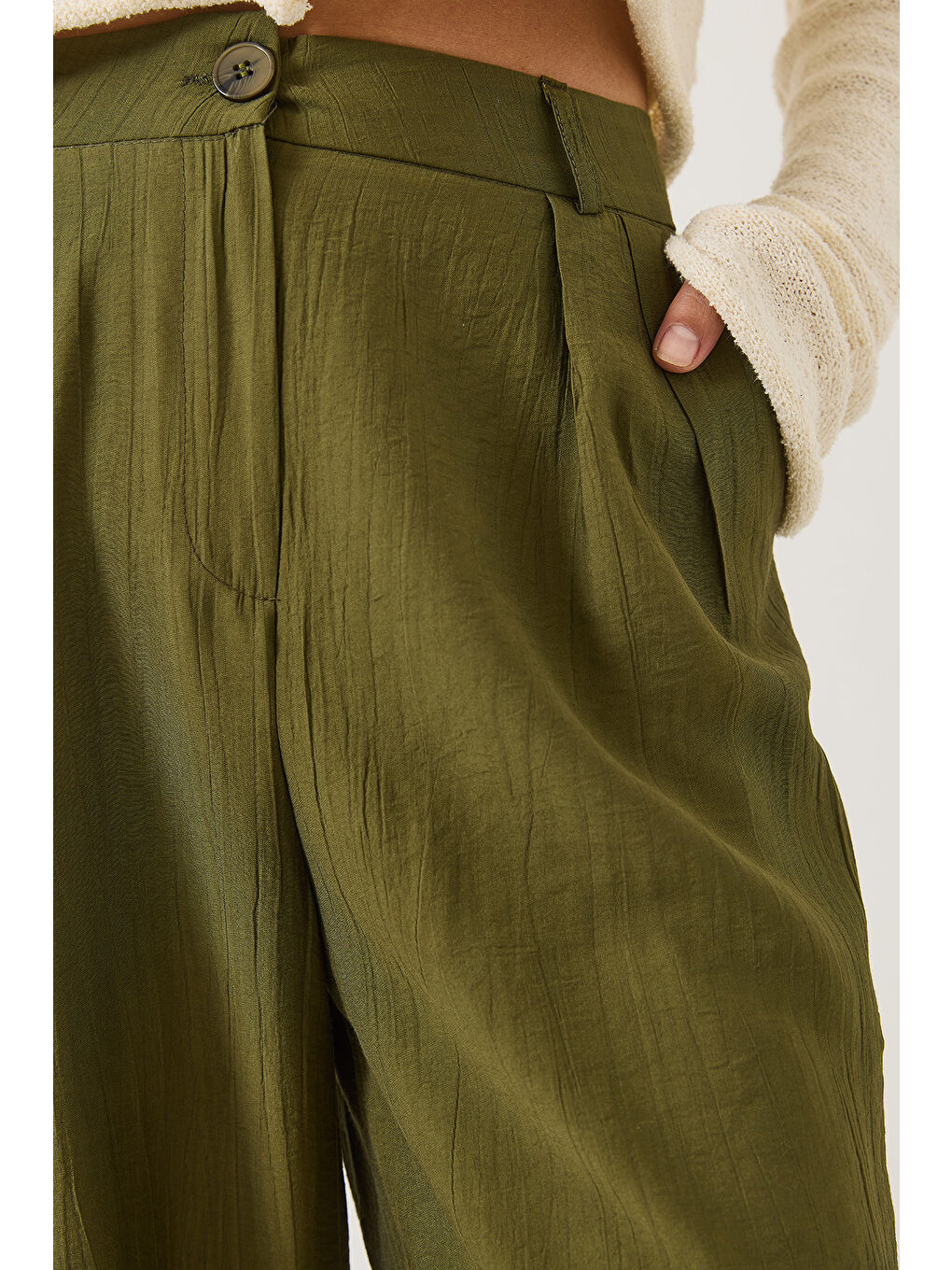 Haki Kadın Cep Detaylı Palazzo Kumaş Pantolon-5