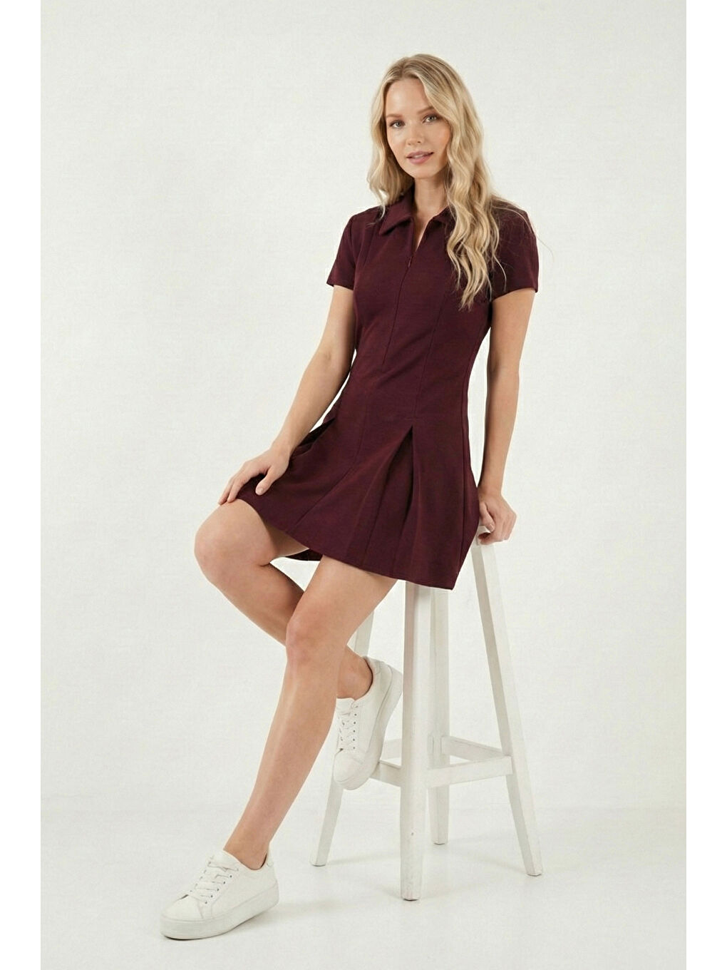 Bordo Fitted Fit Klasik Yaka Fermuar Detaylı Pileli Kadın Mini Elbise 5866659-3