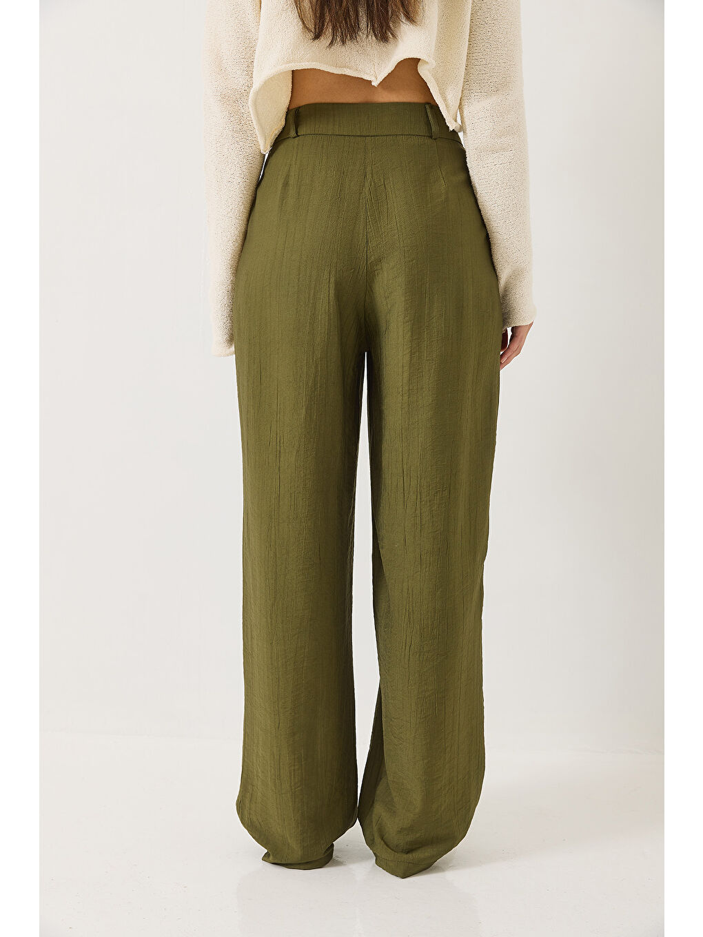 Haki Kadın Cep Detaylı Palazzo Kumaş Pantolon-6