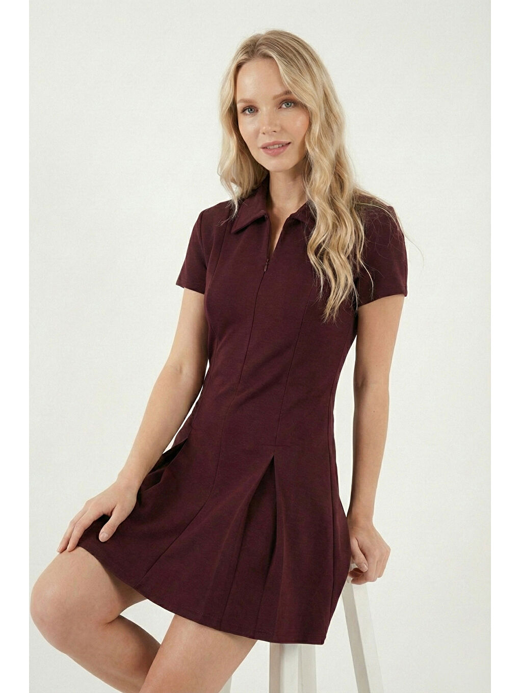 Bordo Fitted Fit Klasik Yaka Fermuar Detaylı Pileli Kadın Mini Elbise 5866659-4