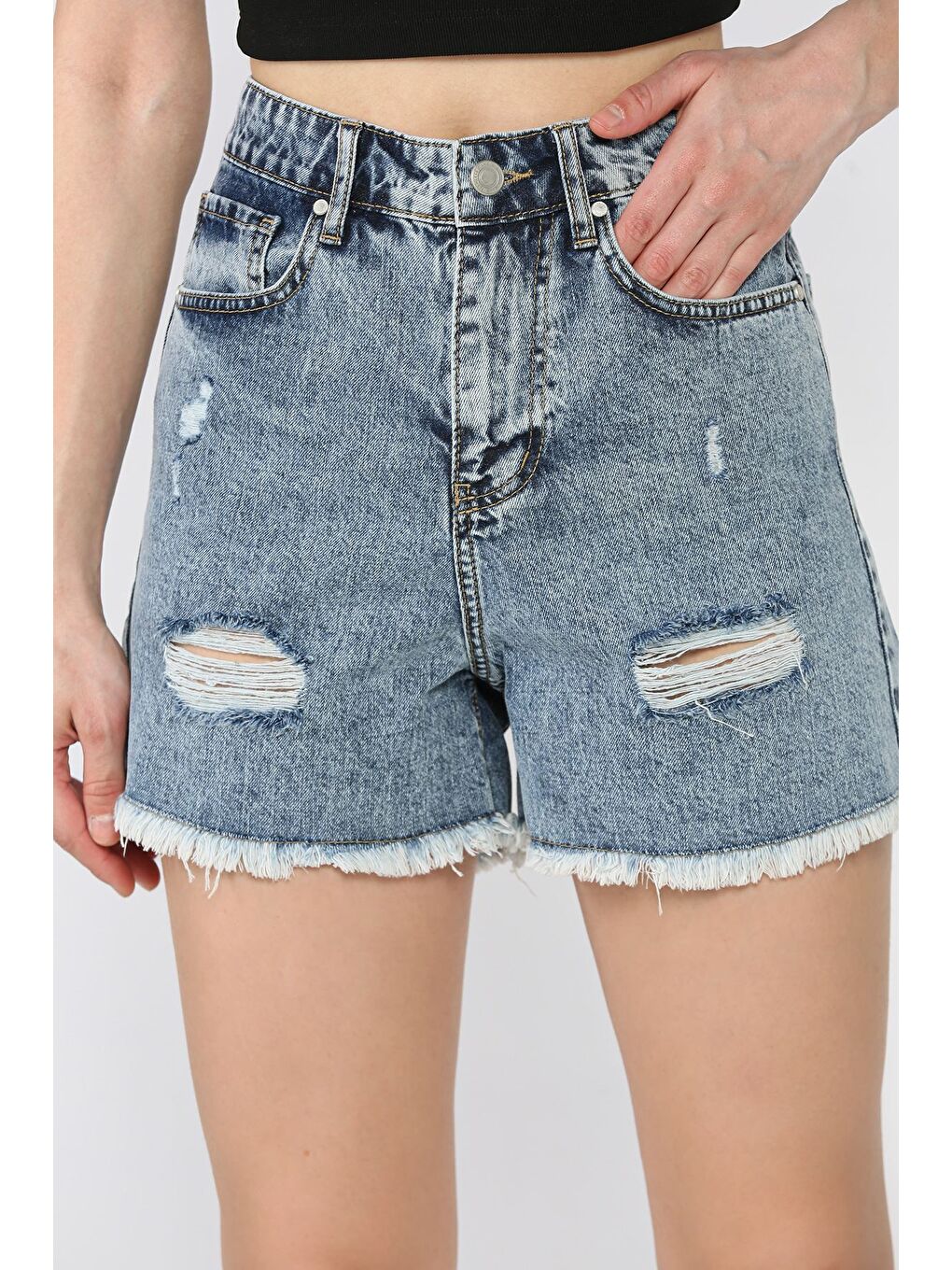Mavi Kadın Yırtıklı Jean Jean Şort-2