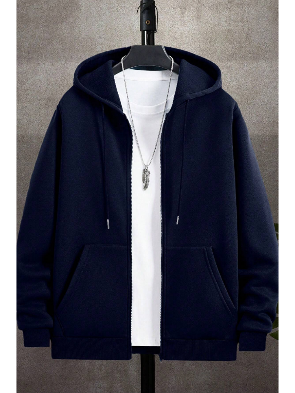 Unisex Relax Fit Rahat Kesim Pamuklu İçi Polarlı Çift Cepli Fermuarlı Lacivert Kapüşonlu Sweatshirt