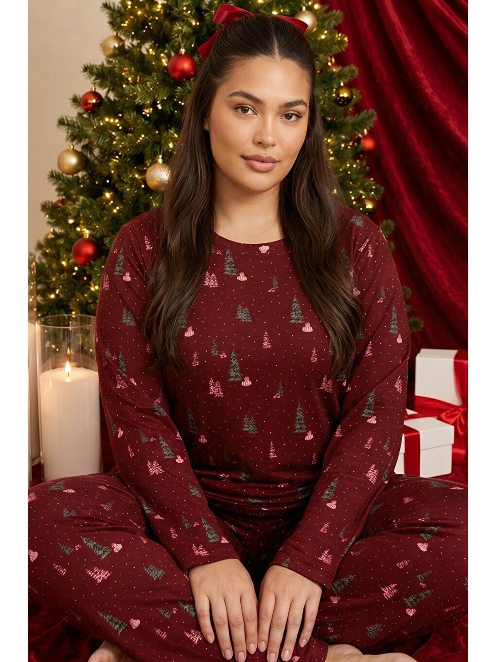 Bordo Yılbaşı Temalı Desenli Termal Kumaşlı Ultra Soft Yumuşak Büyük Beden Battal Boy Örme Pijama Ta
