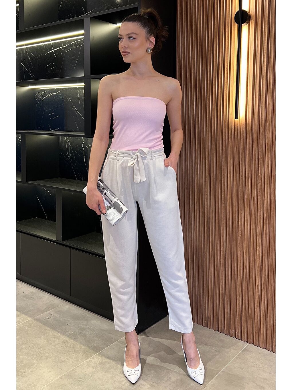 Bej Kadın Yüksek Bel Kuşak Detaylı Keten Pantolon