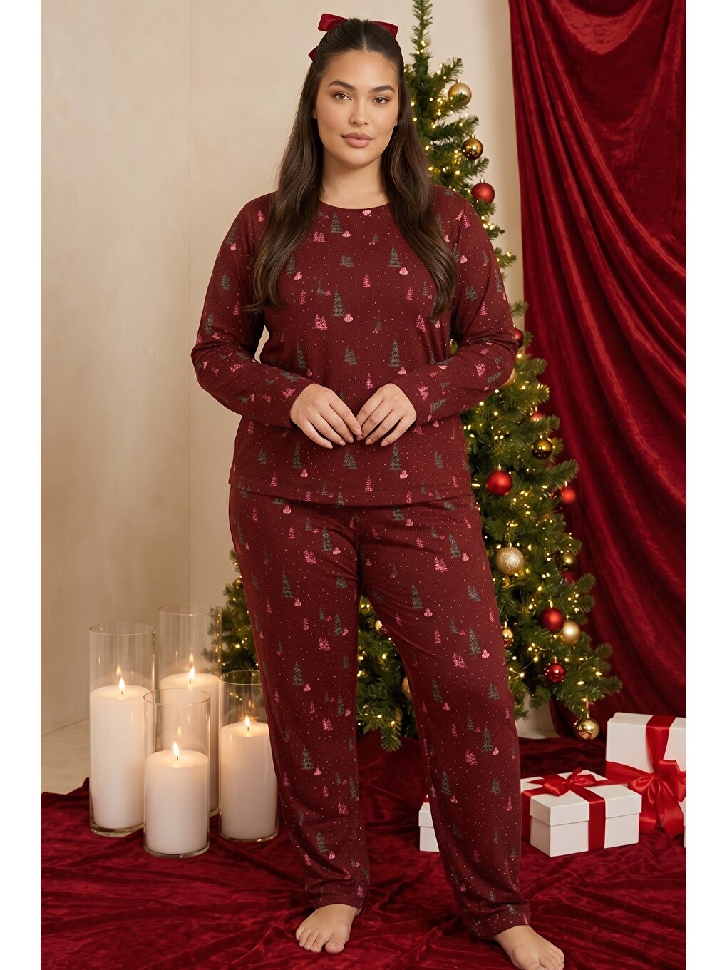 Bordo Yılbaşı Temalı Desenli Termal Kumaşlı Ultra Soft Yumuşak Büyük Beden Battal Boy Örme Pijama Ta-1