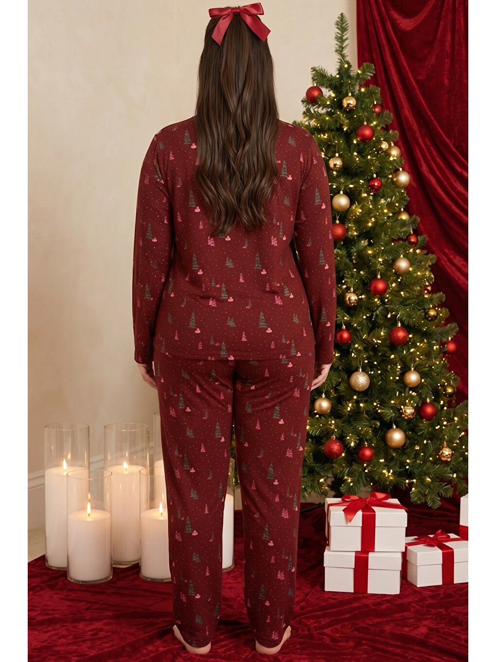 Bordo Yılbaşı Temalı Desenli Termal Kumaşlı Ultra Soft Yumuşak Büyük Beden Battal Boy Örme Pijama Ta-2