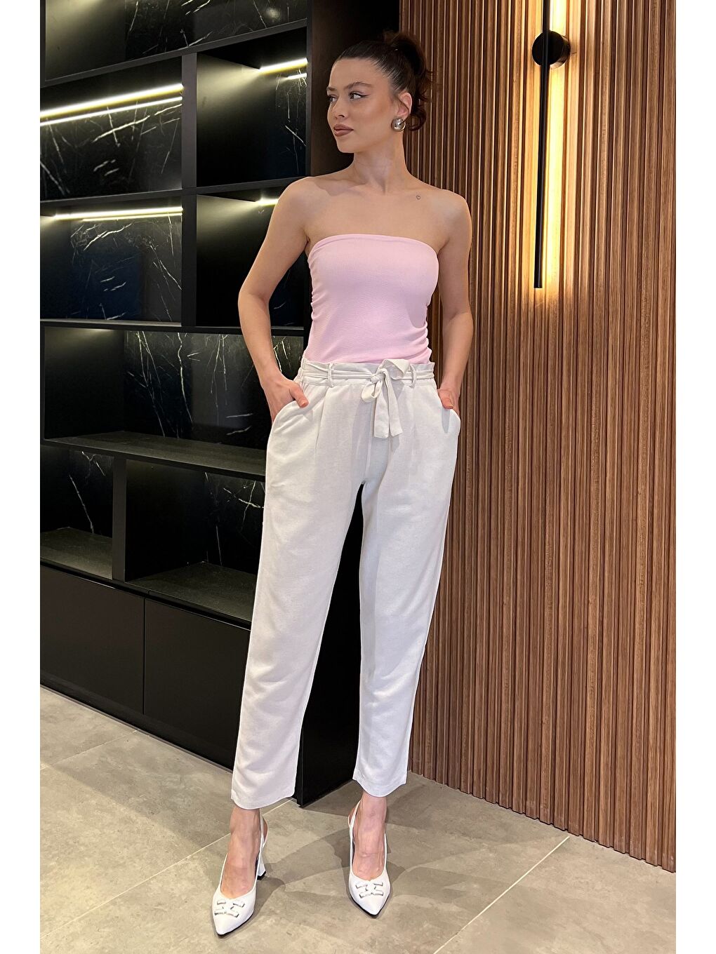 Bej Kadın Yüksek Bel Kuşak Detaylı Keten Pantolon-1