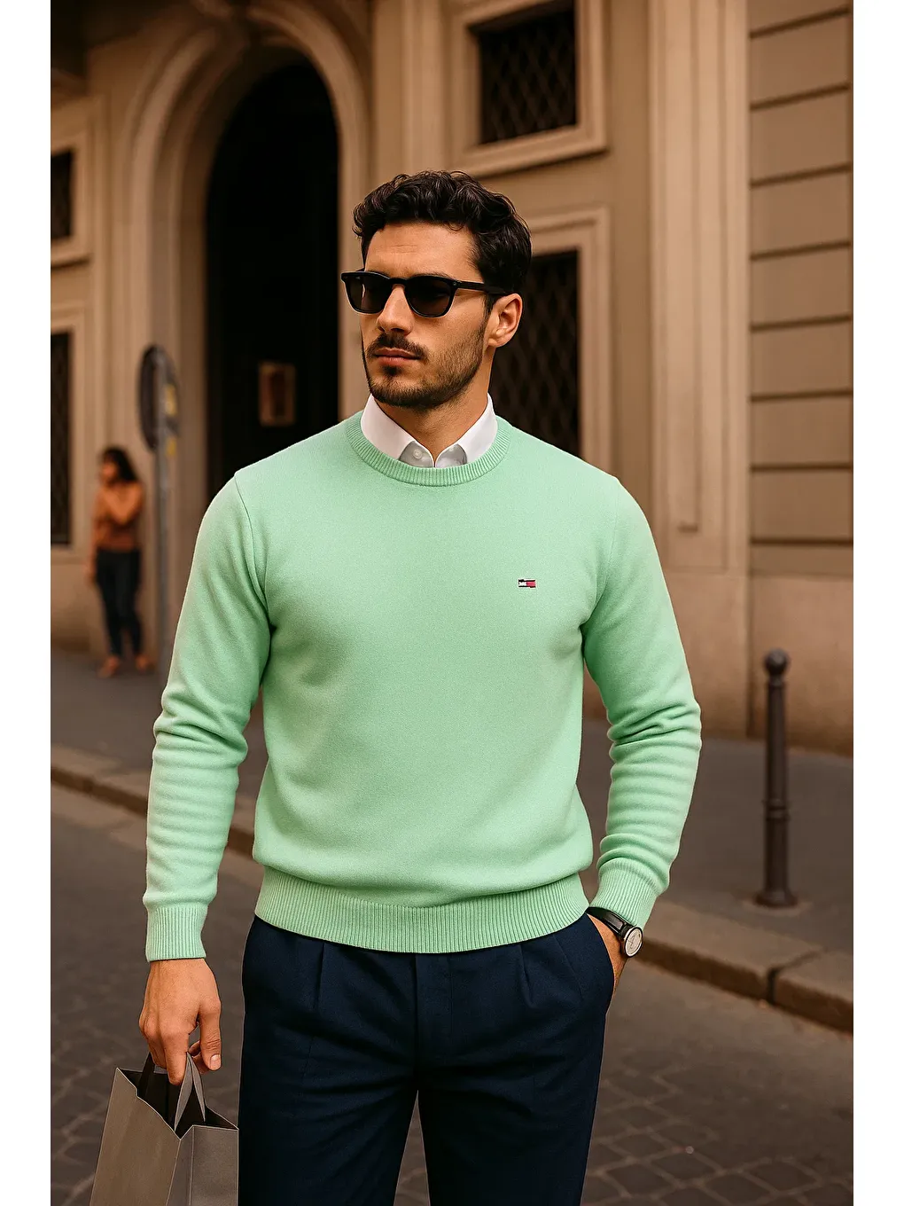 Yeşil Erkek Günlük Bisiklet Yaka Mint Kazak-1