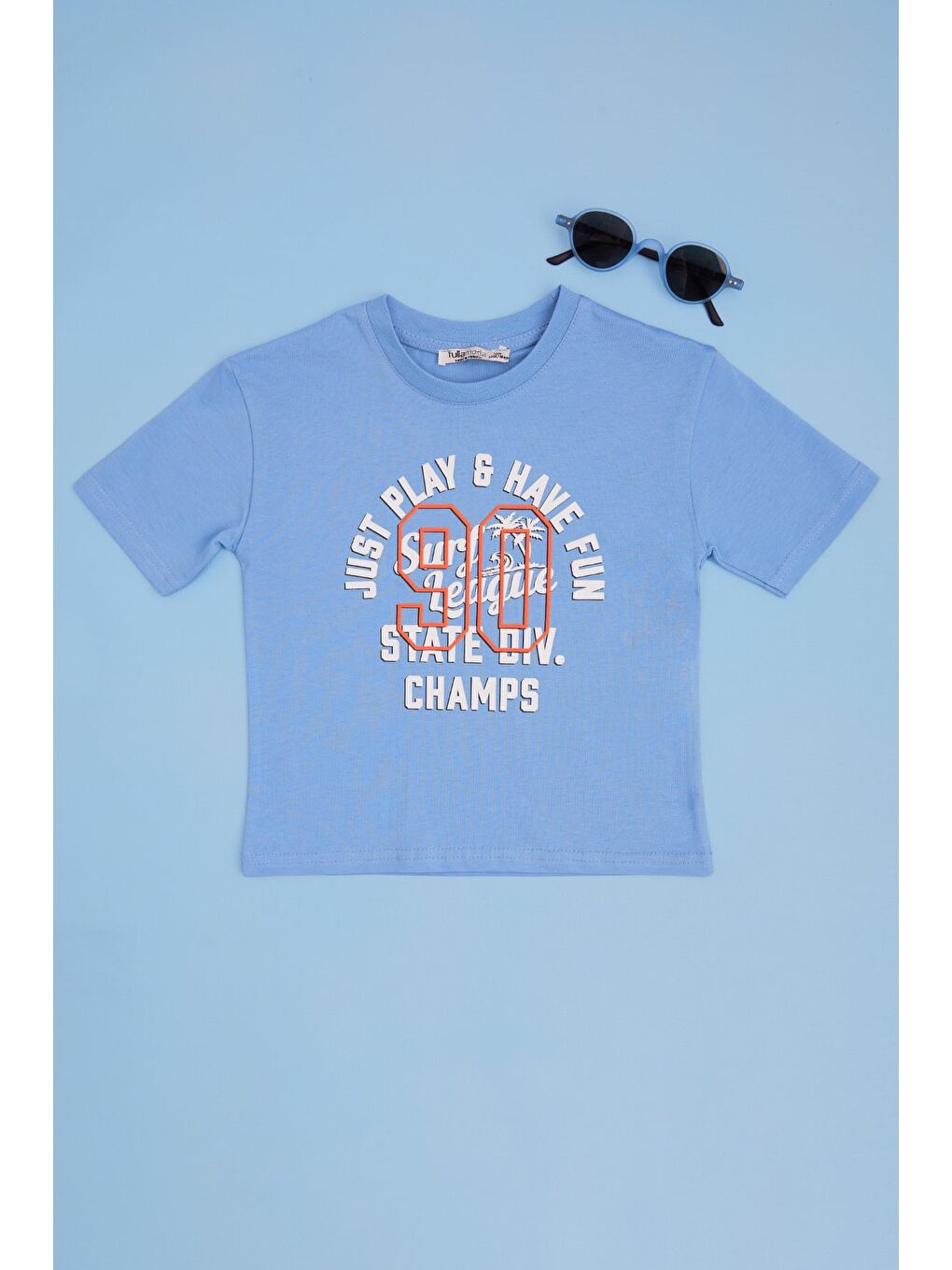 Mavi Yazı Baskılı Bisiklet Yaka Erkek Çocuk Tişört