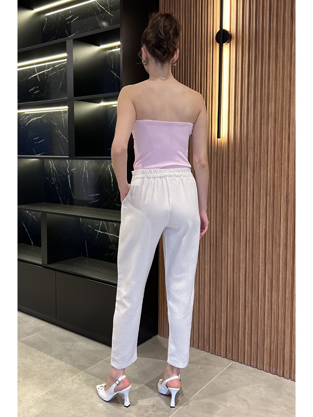 Bej Kadın Yüksek Bel Kuşak Detaylı Keten Pantolon-2