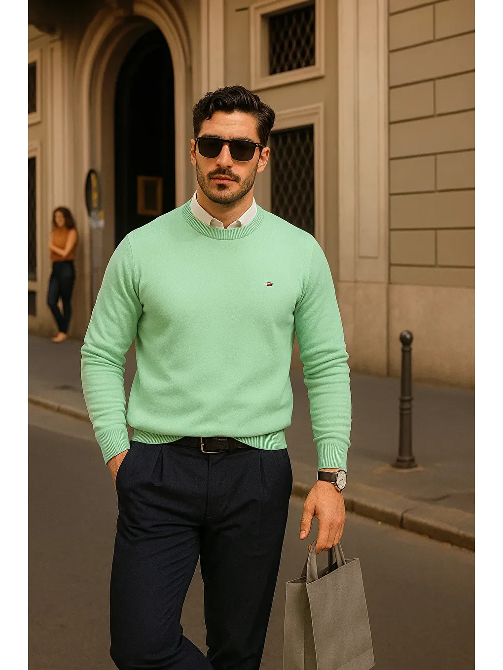 Yeşil Erkek Günlük Bisiklet Yaka Mint Kazak-2