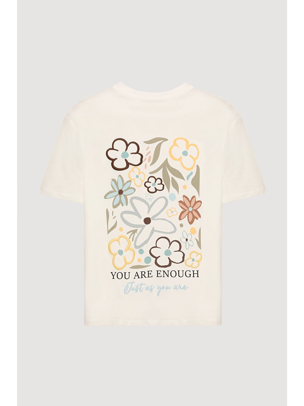 Sırtı Renkli Papatya Baskılı Tişört Ekru-3