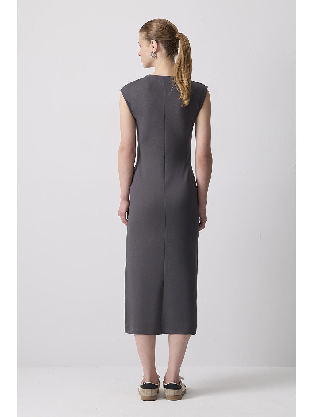 Antrasit Önden Bağlamalı Kolsuz Basıc Elbise-3