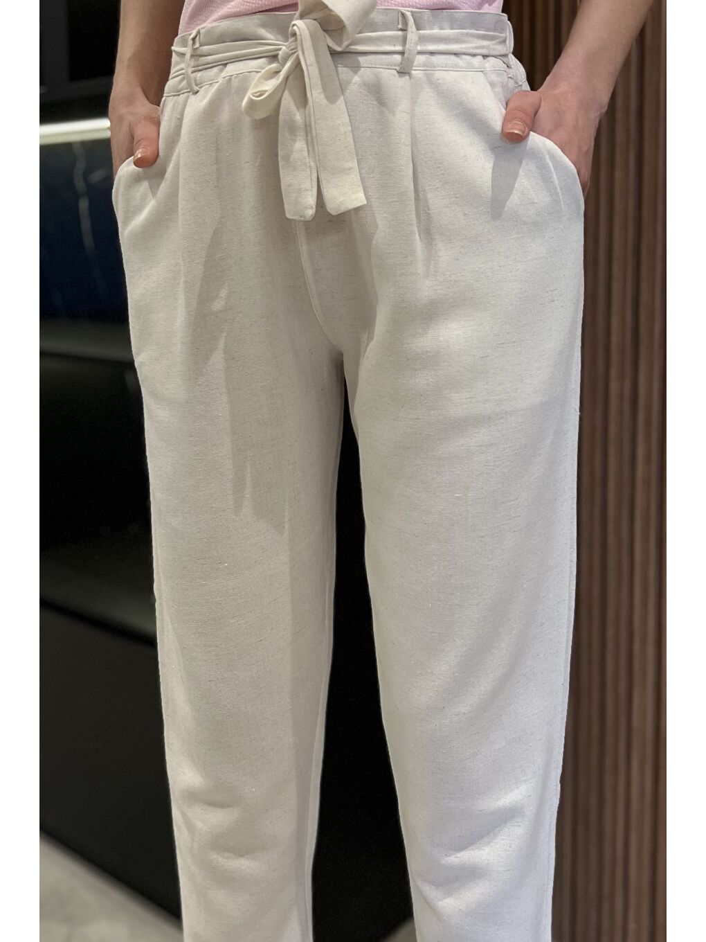 Bej Kadın Yüksek Bel Kuşak Detaylı Keten Pantolon-3