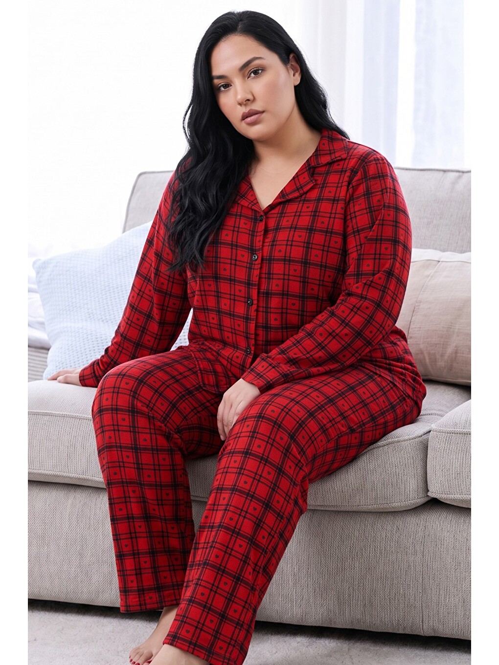 Kırmızı Ekose Desenli Termal Kumaşlı Ultra Soft Yumuşak Büyük Beden Battal Boy Düğmeli Örme Pijama T