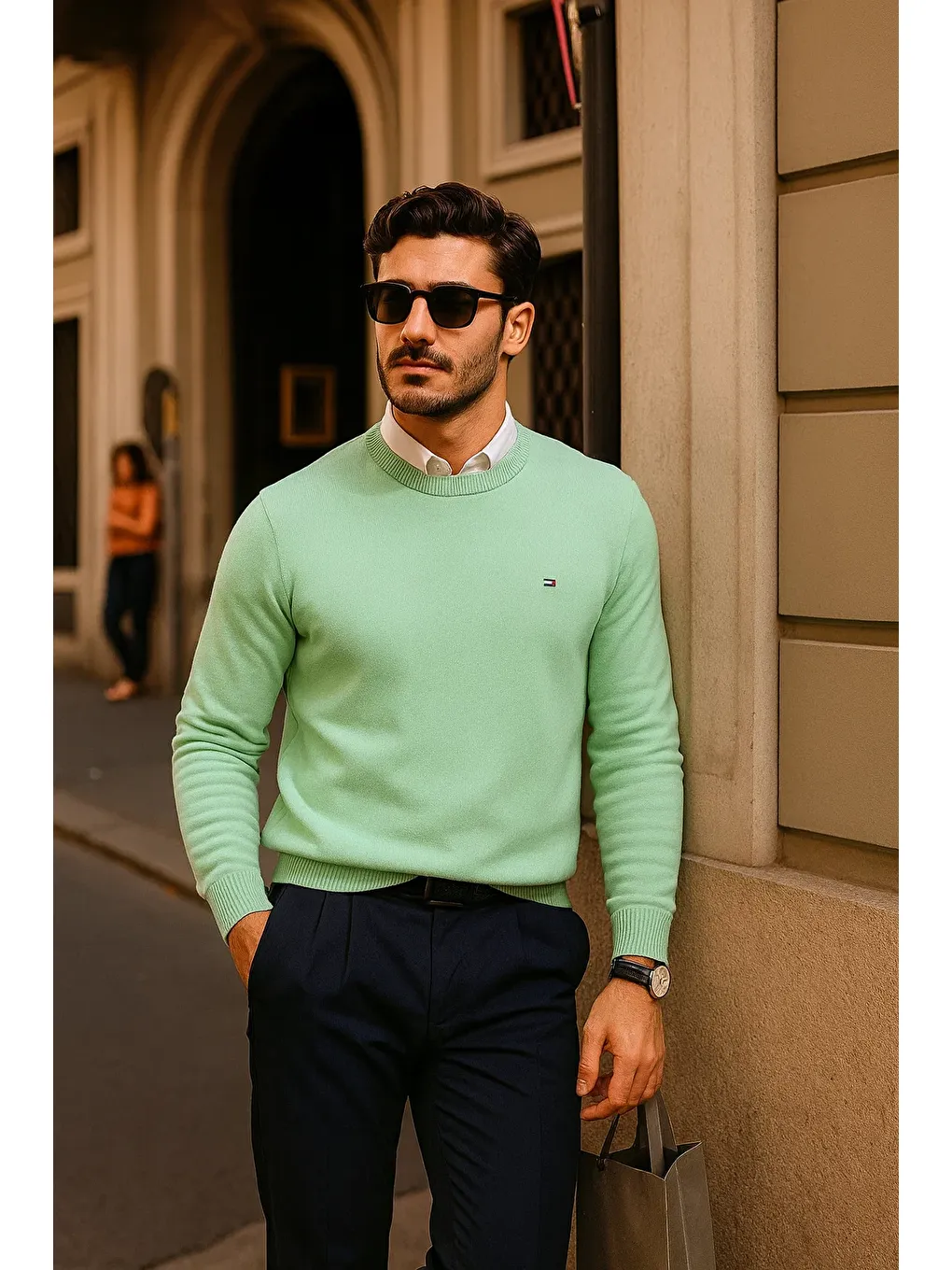 Yeşil Erkek Günlük Bisiklet Yaka Mint Kazak-3