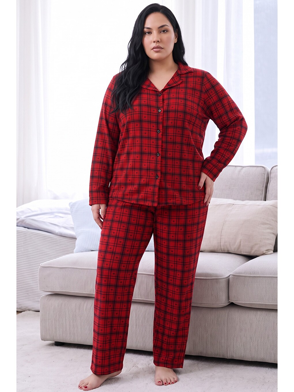 Kırmızı Ekose Desenli Termal Kumaşlı Ultra Soft Yumuşak Büyük Beden Battal Boy Düğmeli Örme Pijama T-1