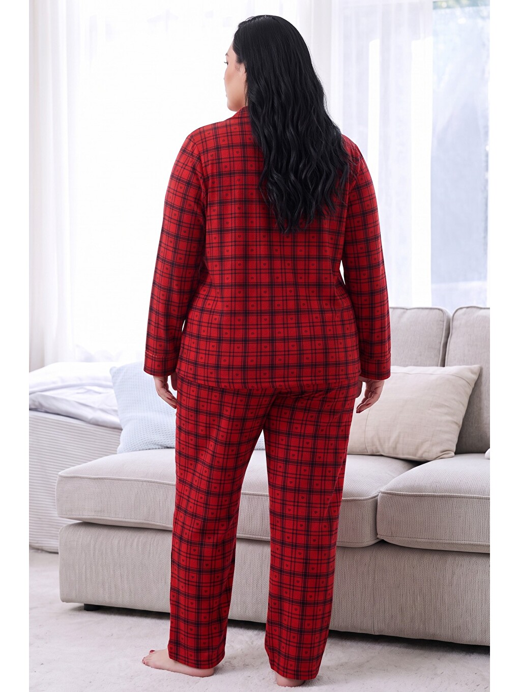 Kırmızı Ekose Desenli Termal Kumaşlı Ultra Soft Yumuşak Büyük Beden Battal Boy Düğmeli Örme Pijama T-2