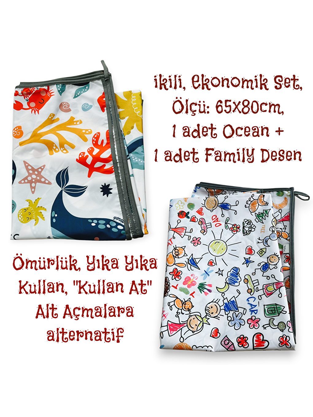 Ekonomik Set, 1 adet Sea + 1 adet Family, 65x80cm, Sıvı Geçirmez Alt Açma Örtüsü, Bebek Bakım Örtüsü
