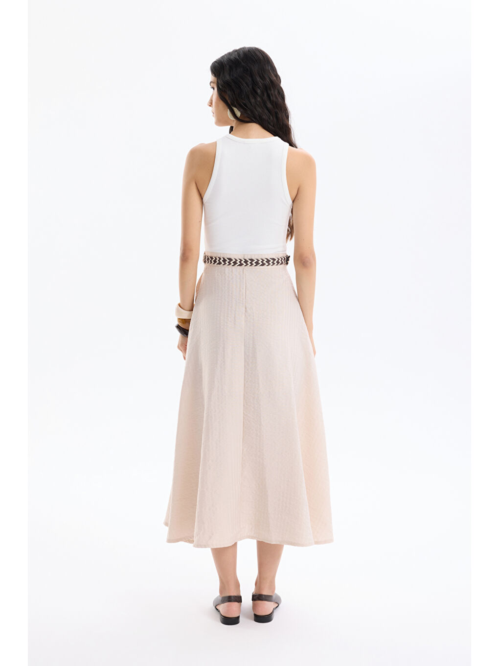 Halter Yaka Atlet Matchli Kemerli Elbise Bej-4