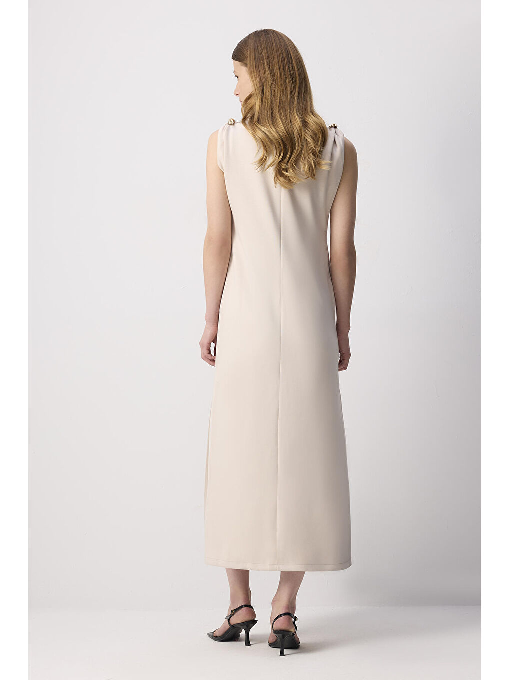 Ekru Metal Aksesuar Detaylı Elbise-3