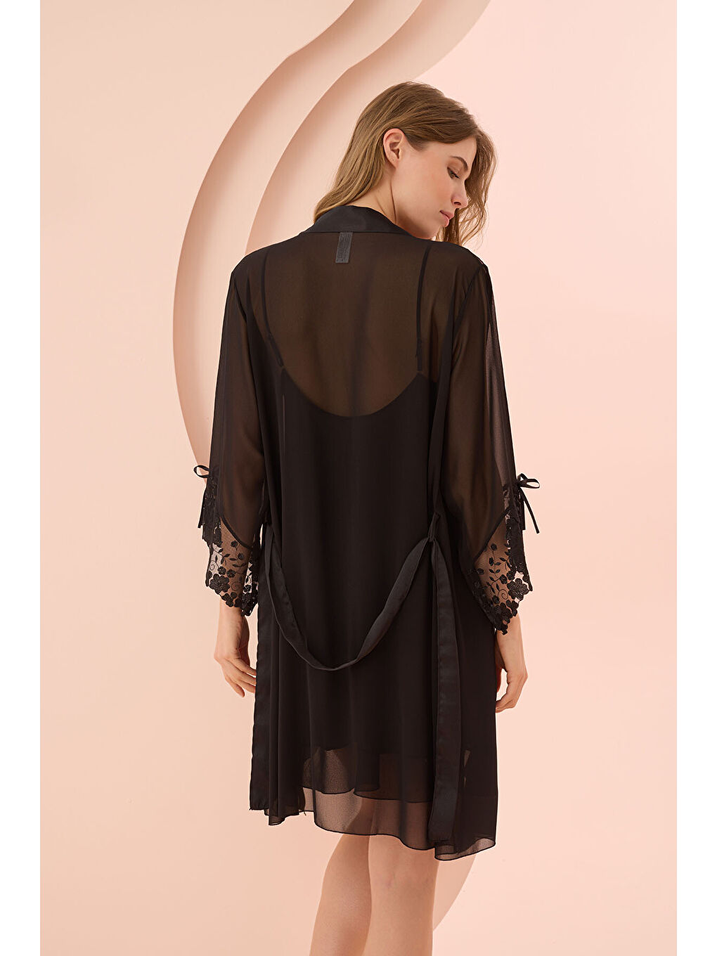 Siyah Fantezi Saten Gecelik Sabahlık Takım-3