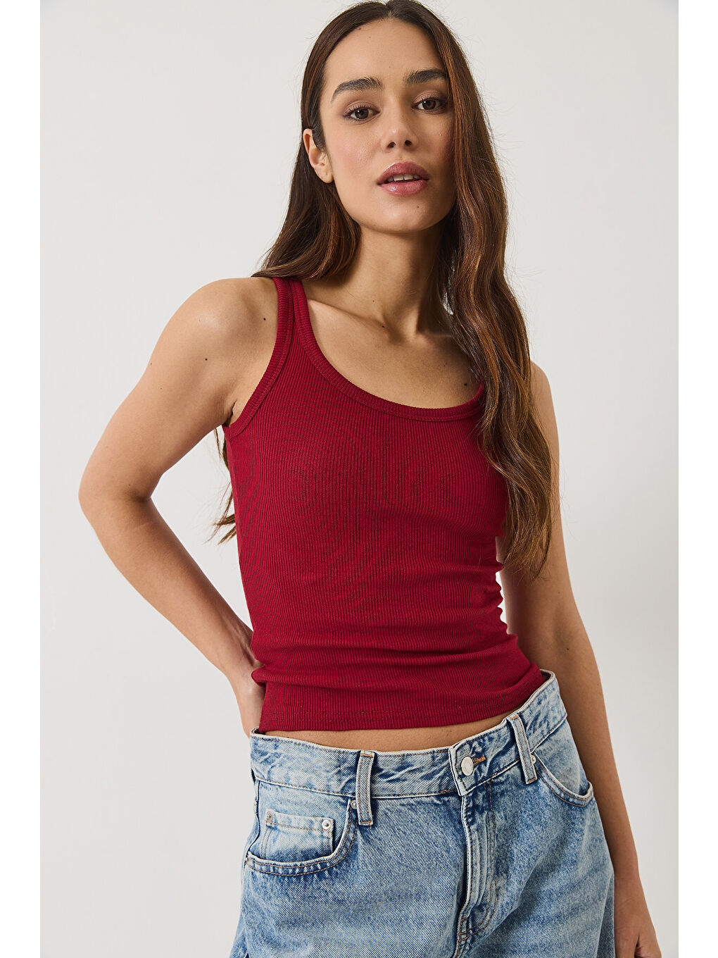 Bordo Kadın Fitilli Görünümlü Kalın Askılı Kaşkorse Basic Atlet