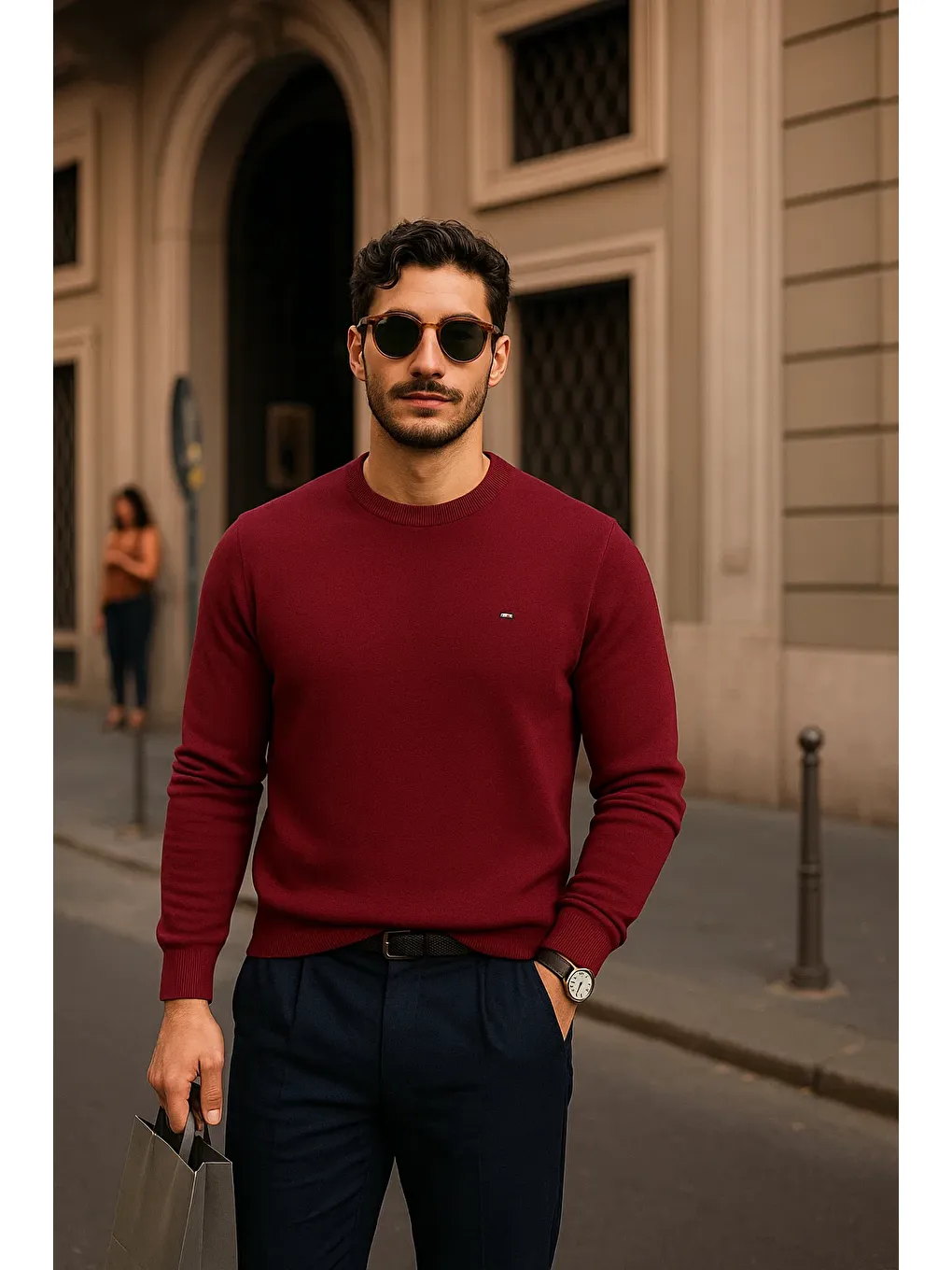 Erkek Günlük Bisiklet Yaka Bordo Kazak-1