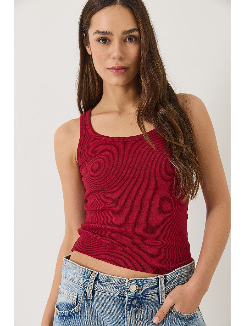 Bordo Kadın Fitilli Görünümlü Kalın Askılı Kaşkorse Basic Atlet-1