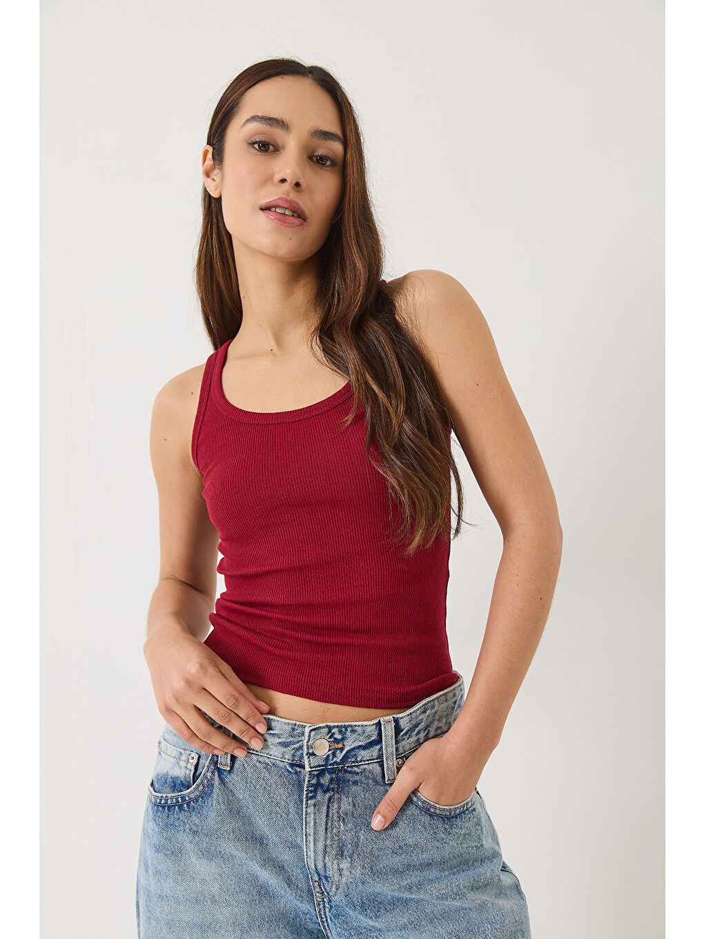 Bordo Kadın Fitilli Görünümlü Kalın Askılı Kaşkorse Basic Atlet-2