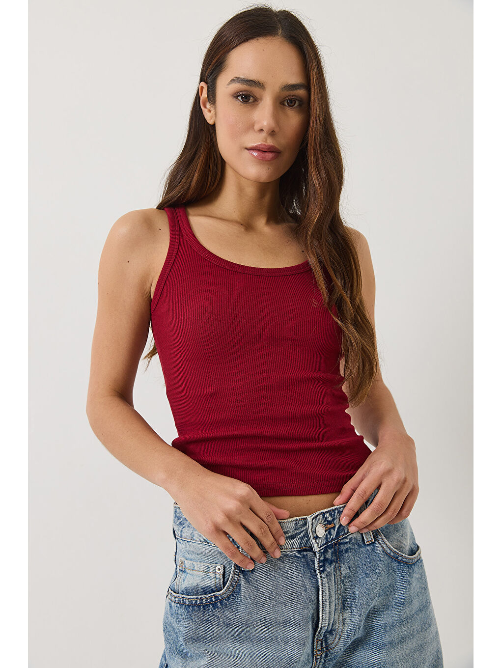 Bordo Kadın Fitilli Görünümlü Kalın Askılı Kaşkorse Basic Atlet-3