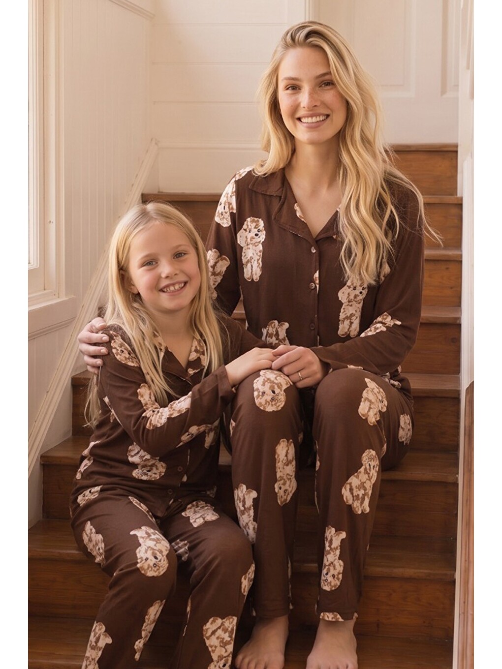 Kahverengi Desenli Termal Kumaşlı Ultra Soft Yumuşak Düğmeli Örme Pijama Takımı