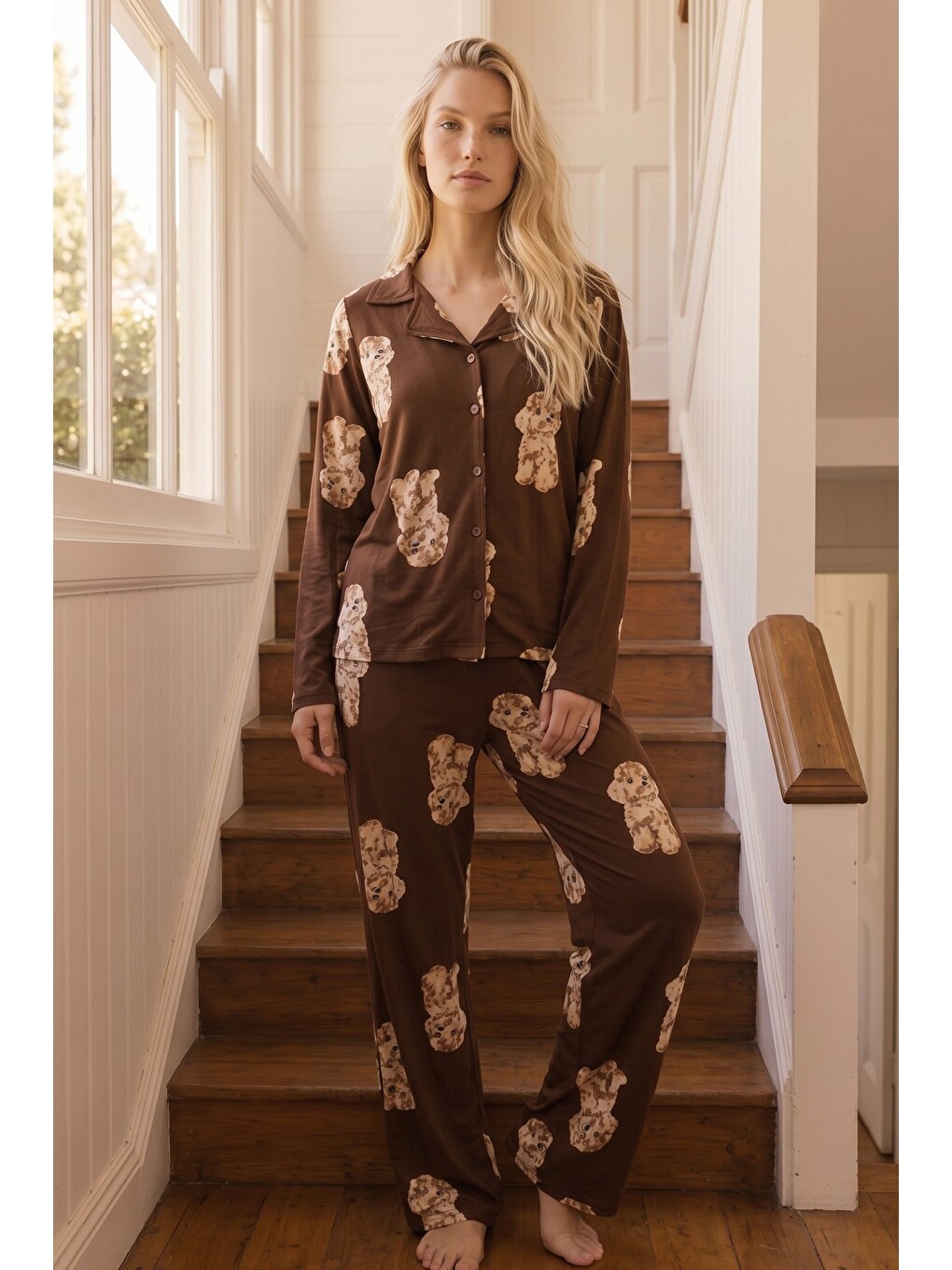Kahverengi Desenli Termal Kumaşlı Ultra Soft Yumuşak Düğmeli Örme Pijama Takımı-1