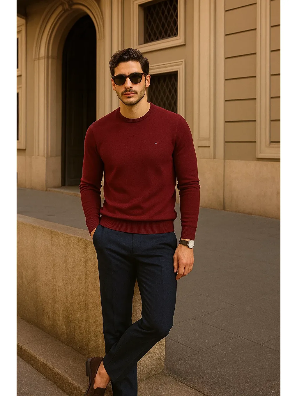 Erkek Günlük Bisiklet Yaka Bordo Kazak-2