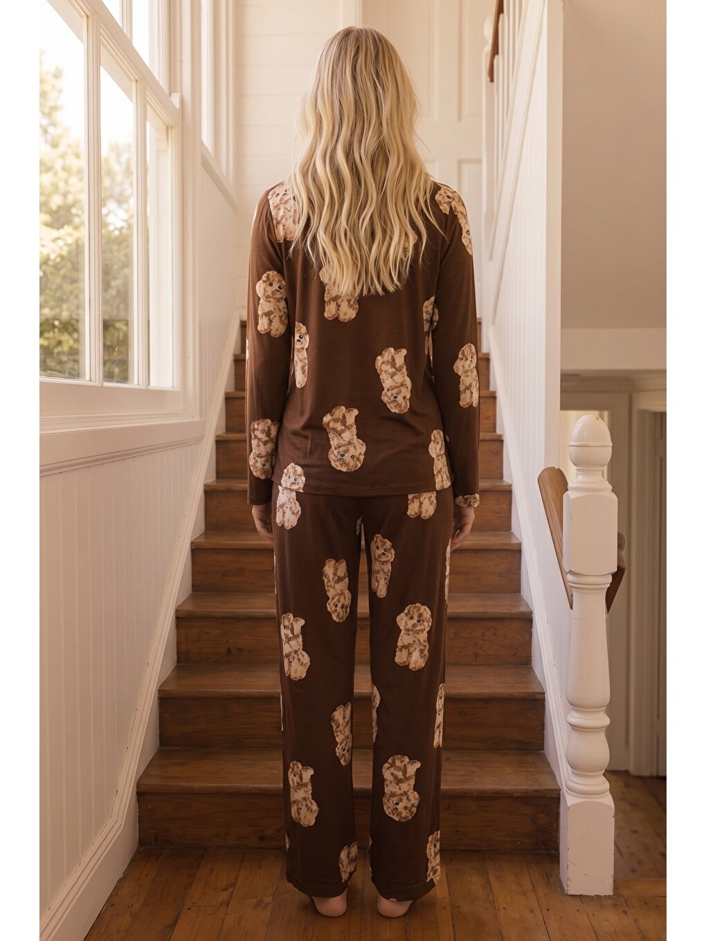 Kahverengi Desenli Termal Kumaşlı Ultra Soft Yumuşak Düğmeli Örme Pijama Takımı-2