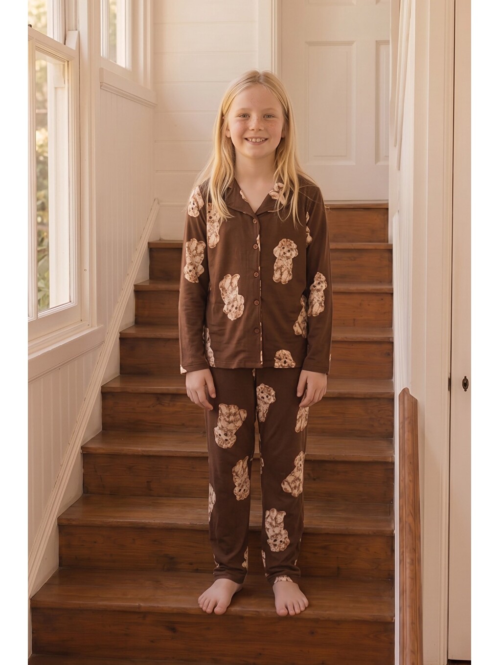 Kahverengi Desenli Termal Kumaşlı Ultra Soft Yumuşak Düğmeli Örme Pijama Takımı-3