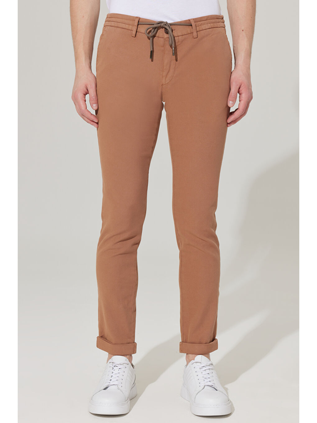 Bej Erkek Vizon Slim Fit Dar Kesim Diyagonal Desenli Esnek Pantolon