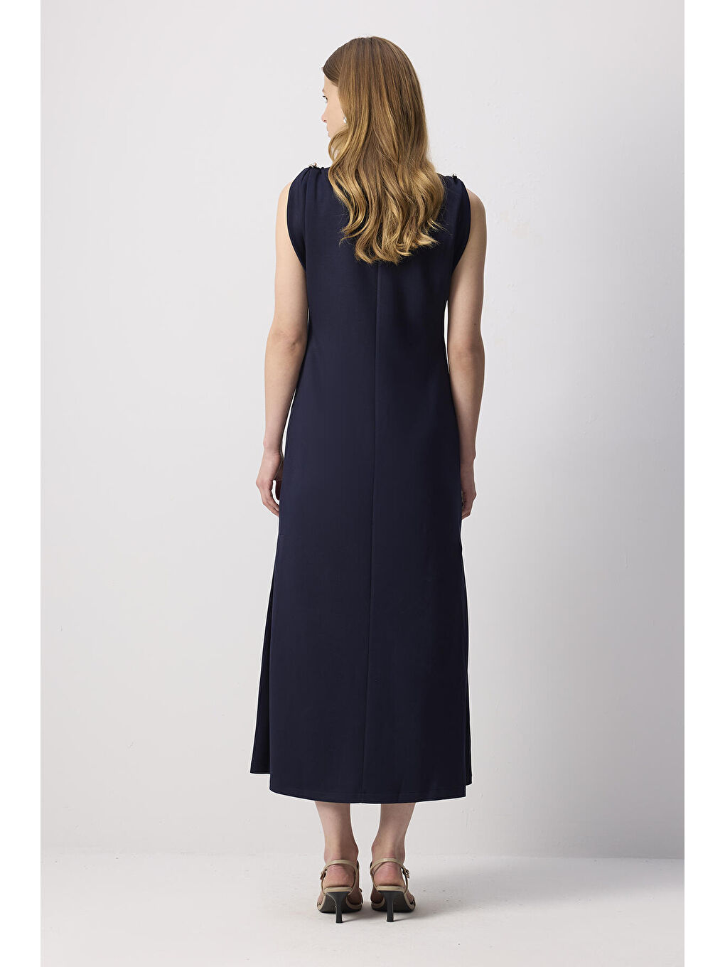 Lacivert Metal Aksesuar Detaylı Elbise-3