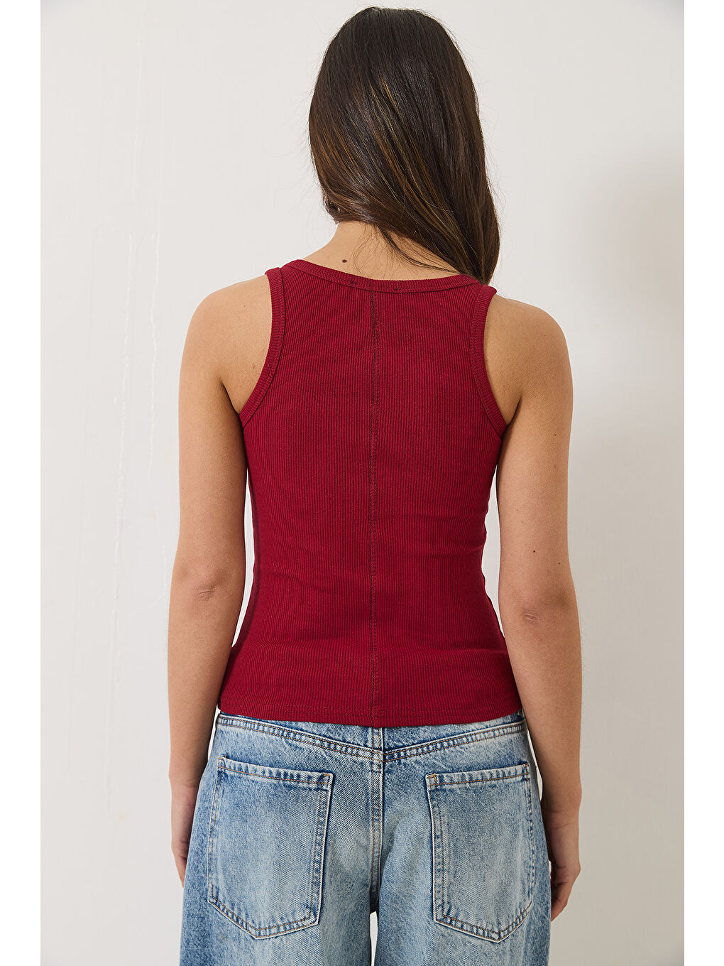 Bordo Kadın Fitilli Görünümlü Kalın Askılı Kaşkorse Basic Atlet-6