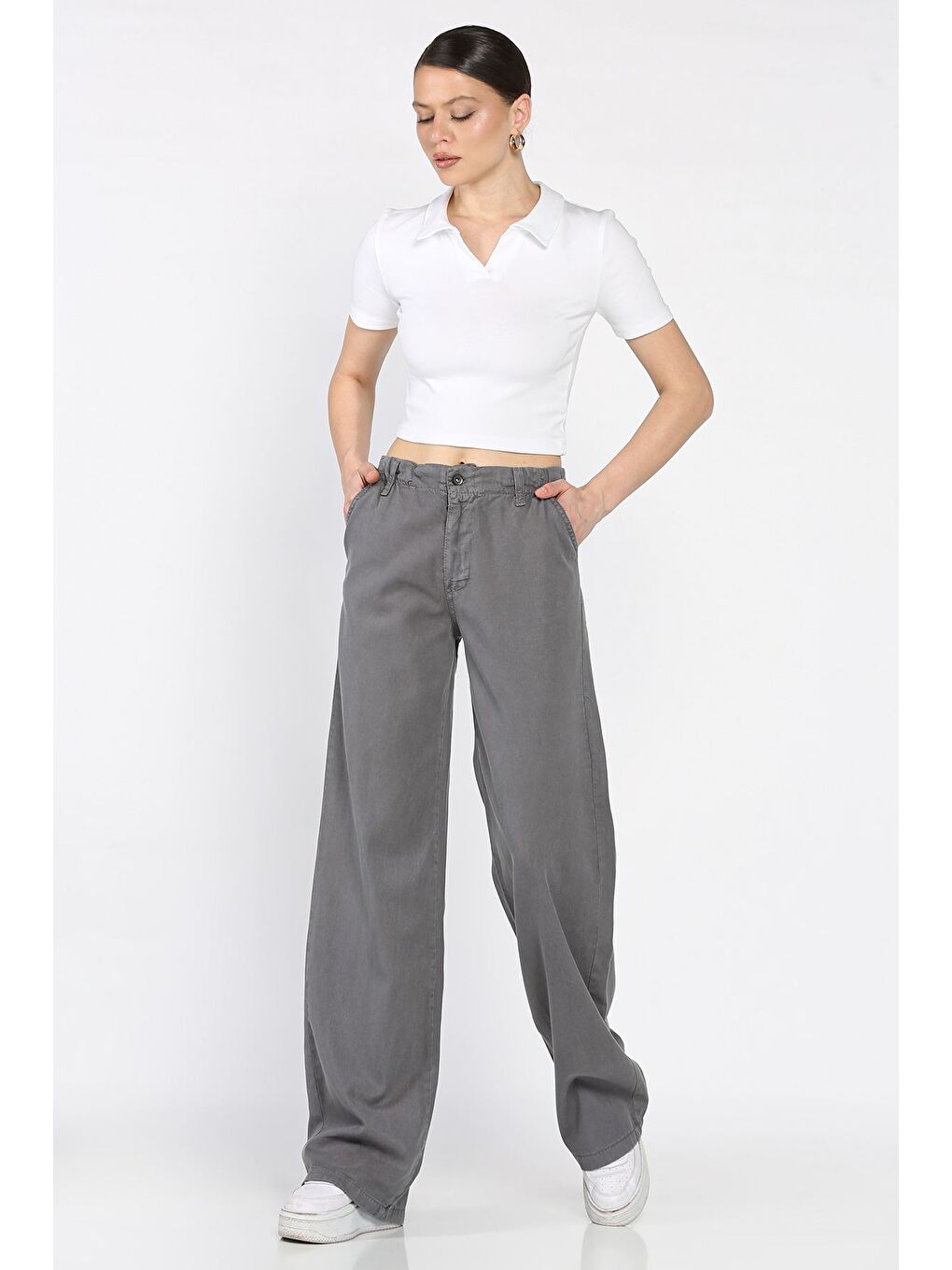 Gri Kadın Yüksek Bel Pantolon